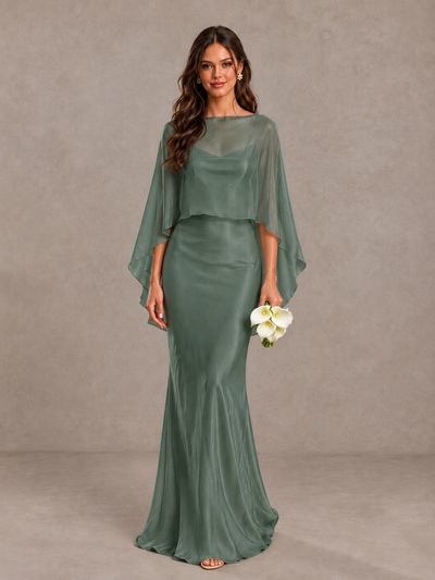 BOLODOO Eucalyptus Satin Mermaid Bridesmaid Dress with Chiffon Cape - Eucalyptus - Eucalyptus (1)