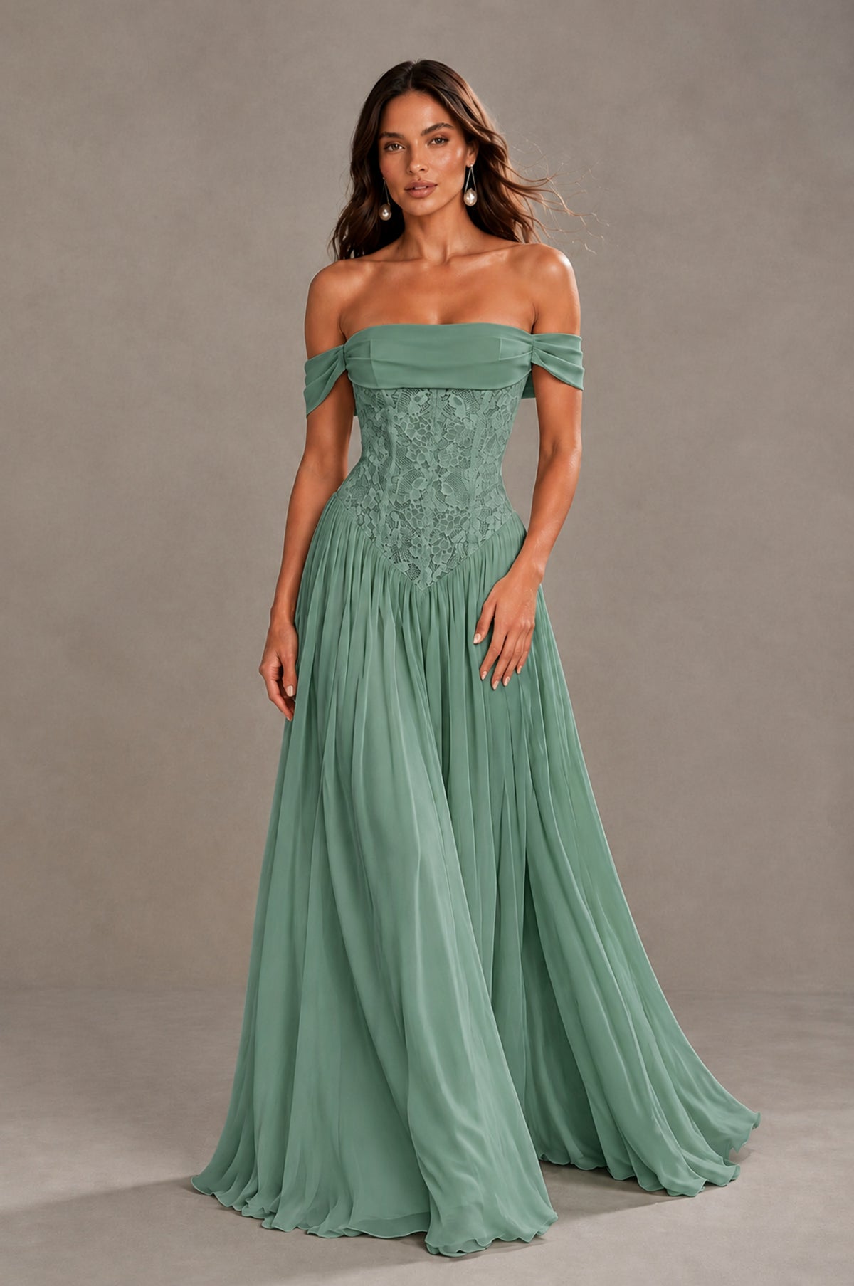 BOLODOO Eucalyptus Off-Shoulder Lace Corset Tulle Maxi Dress - Eucalyptus - Eucalyptus (1)