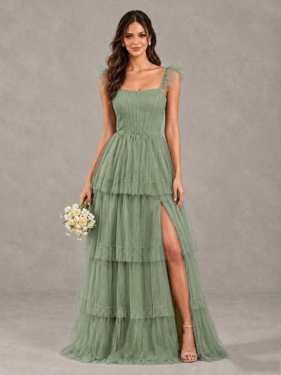 BOLODOO Eucalyptus Tiered Tulle Bridesmaid Dress with Slit - Eucalyptus - Eucalyptus (1)
