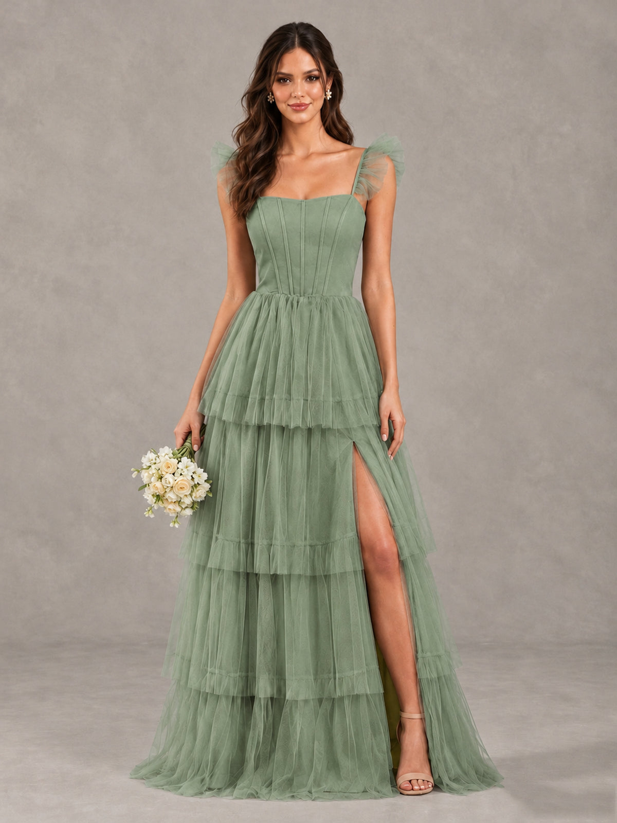 BOLODOO Eucalyptus Tiered Tulle Bridesmaid Dress with Slit - Eucalyptus - Eucalyptus (1)