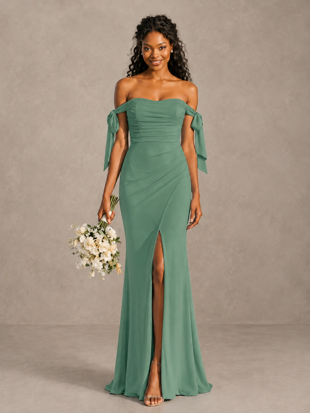 Eucalyptus Off-Shoulder Bow Bridesmaid Dress with Slit - Eucalyptus - Eucalyptus (1)