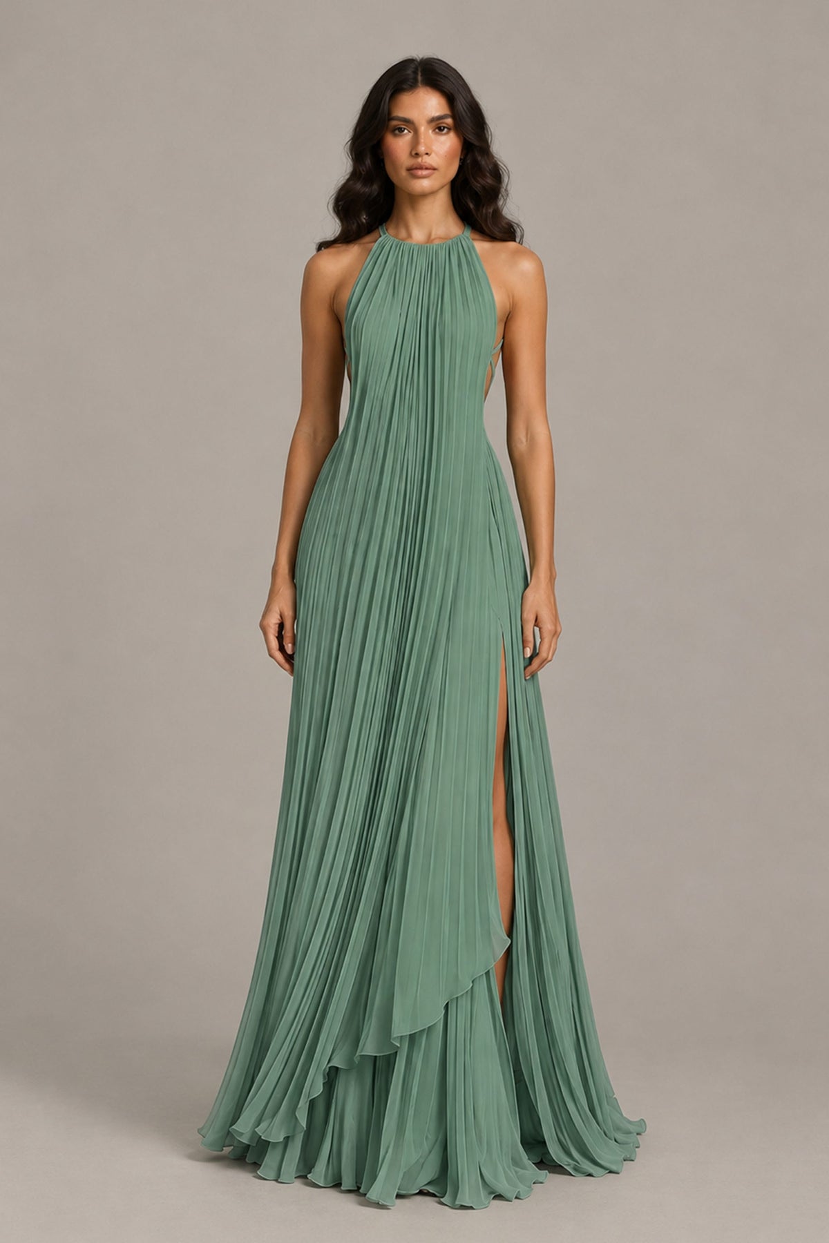 BOLODOO Eucalyptus Halter Neck Pleated Chiffon Maxi Dress with Side Slit - Eucalyptus
