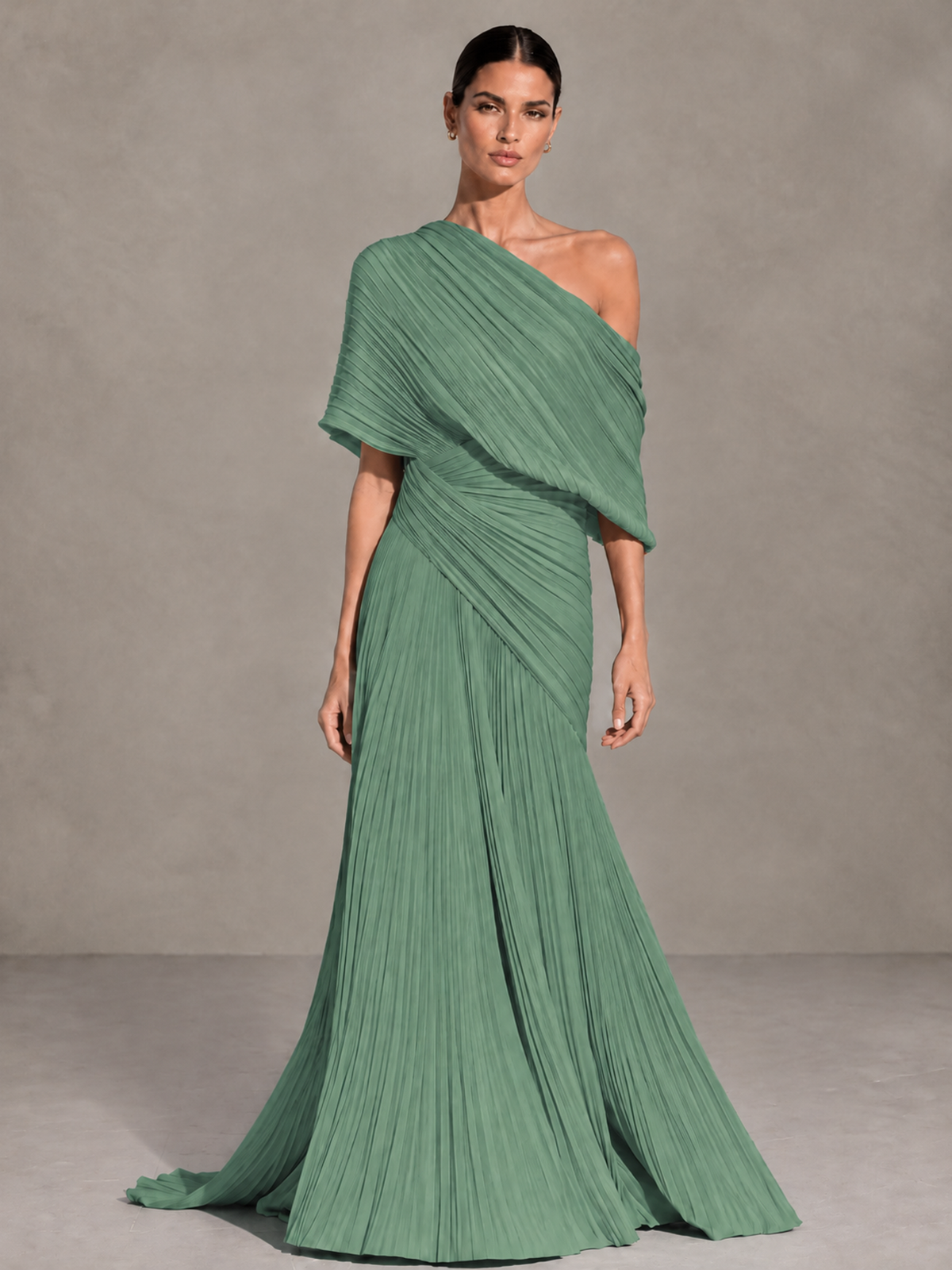 BOLODOO Eucalyptus One-Shoulder Pleated Cape Evening Gown with Train - Eucalyptus - Eucalyptus (1)