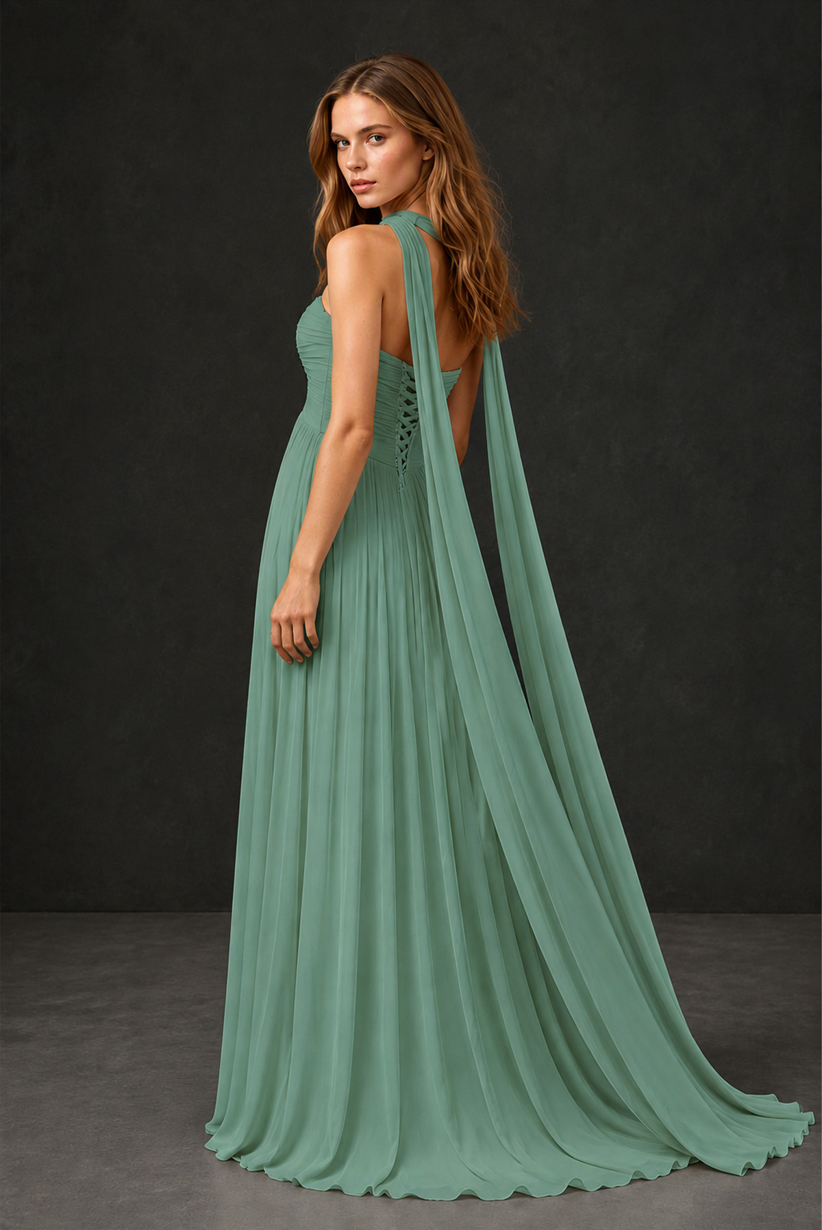 BOLODOO Eucalyptus Sweetheart Strapless Twist Knot Detached Halter Scarf Lace-Up Back Empire Waist Chiffon Maxi Dress - Eucalyptus