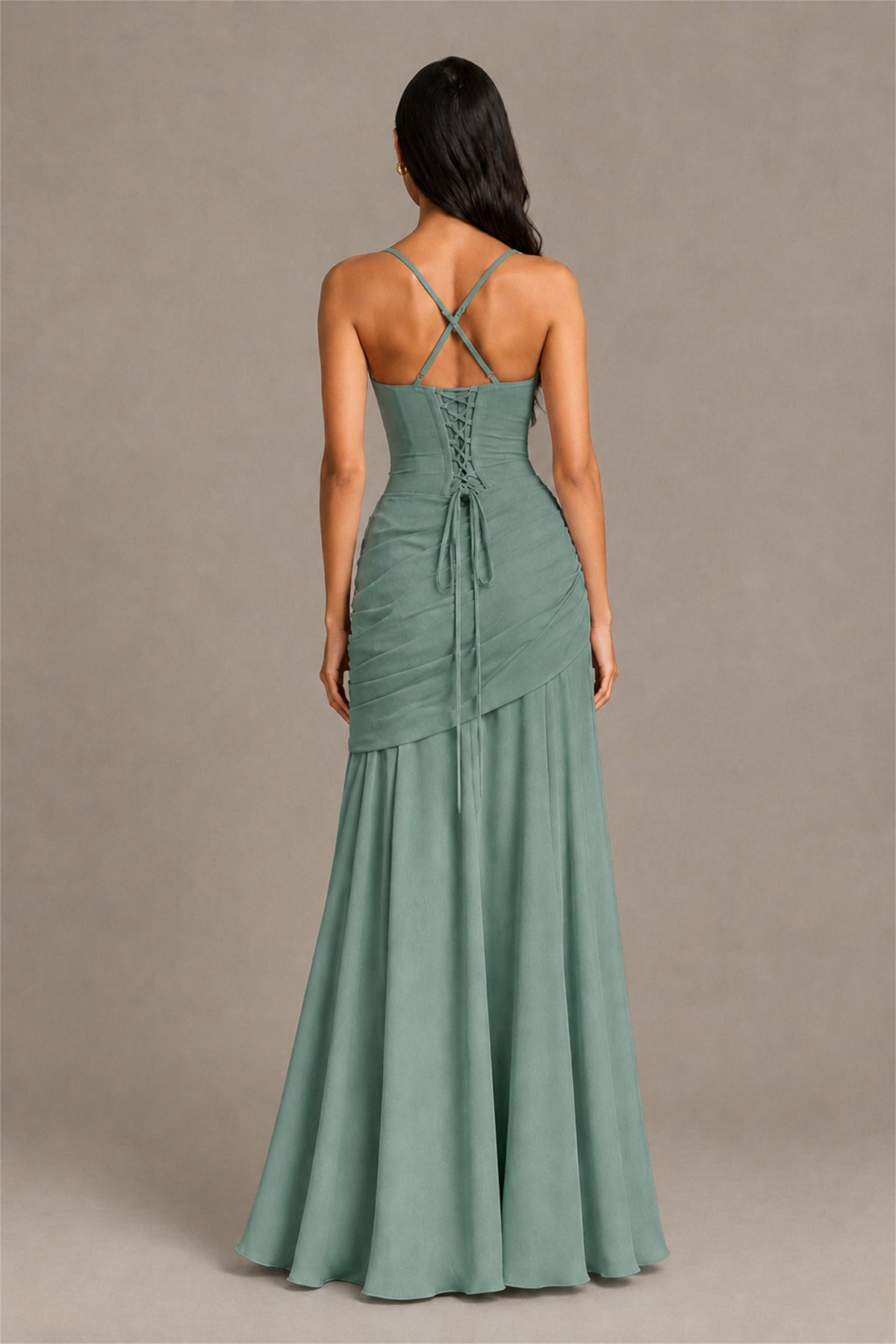 BOLODOO Square Neck Ruched A-Line Maxi Dress - Eucalyptus Backless Evening Gown - Eucalyptus