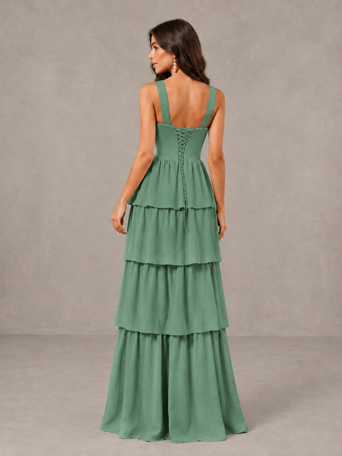 BOLODOO Eucalyptus Square Neck Tiered Bridesmaid Dress with Slit - Eucalyptus - Eucalyptus (2)