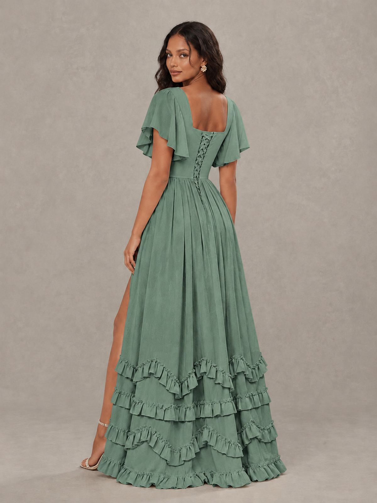 BOLODOO Eucalyptus V-Neck Flutter Sleeve Ruffle Bridesmaid Dress with Slit - Eucalyptus - Eucalyptus (2)