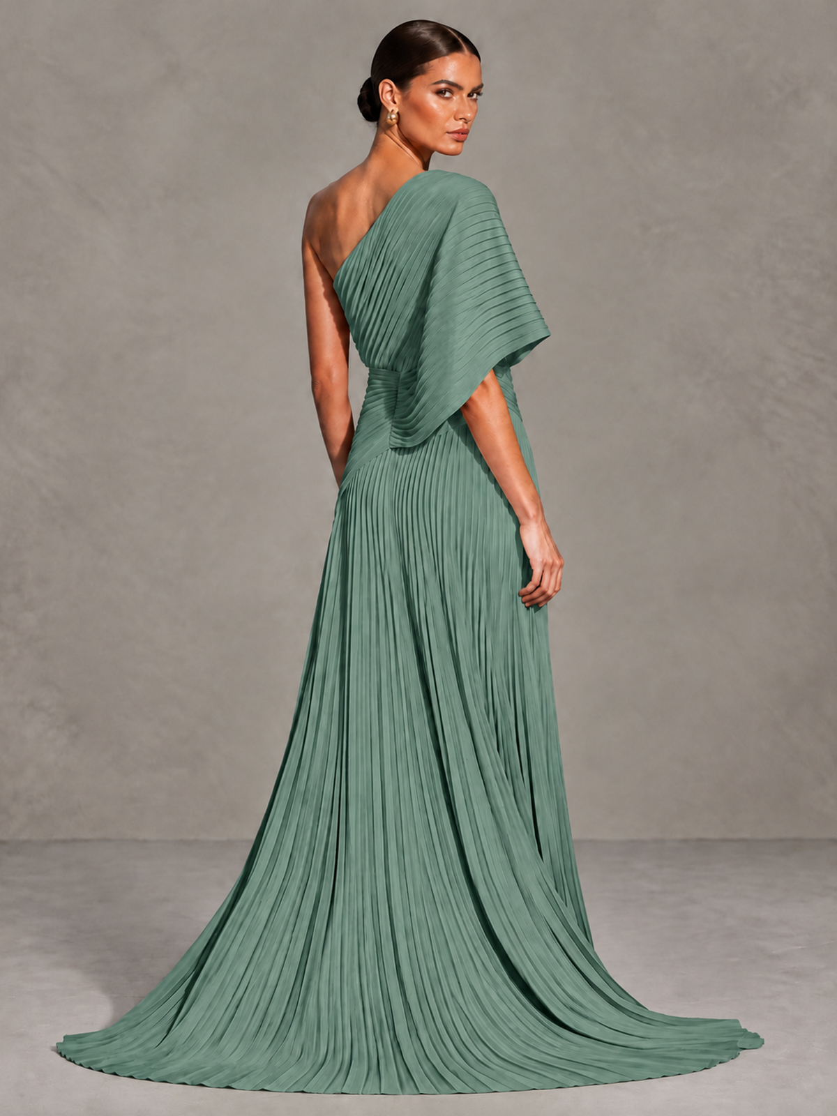 BOLODOO Eucalyptus One-Shoulder Pleated Cape Evening Gown with Train - Eucalyptus - Eucalyptus (2)