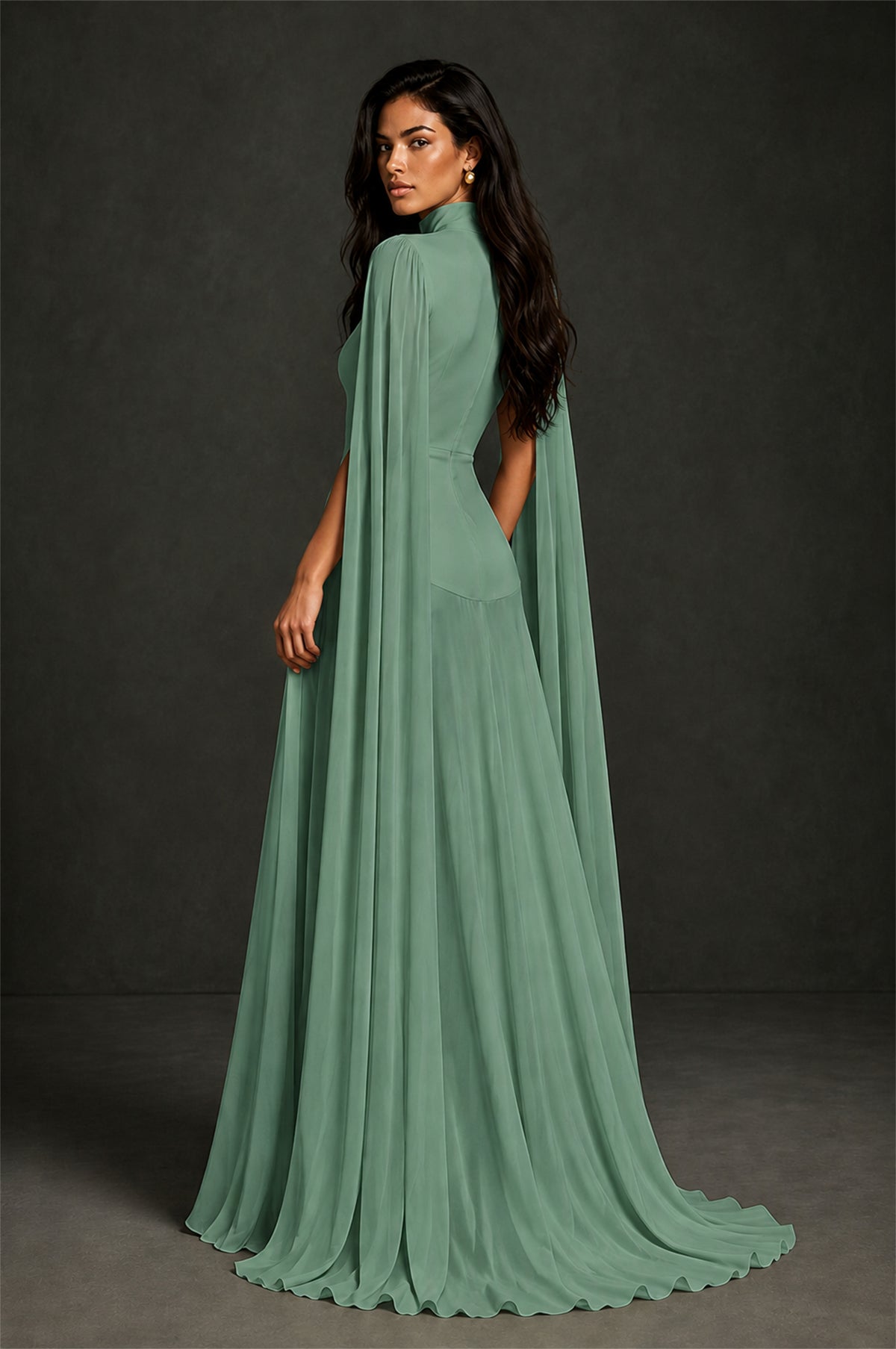 BOLODOO Eucalyptus Mock Neck Cape Sleeve A-Line Chiffon Maxi Dress - Eucalyptus - Eucalyptus (2)