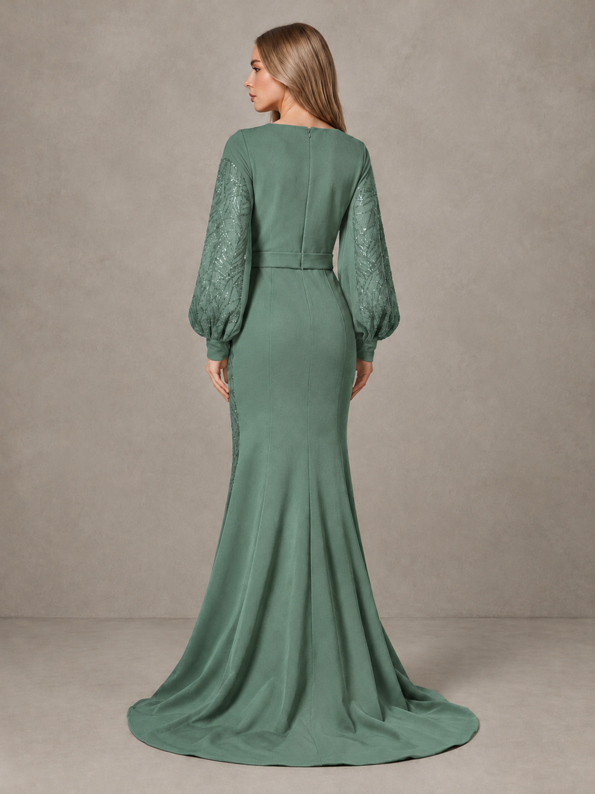 BOLODOO Eucalyptus Sequin Long Bishop Sleeve Mermaid Evening Dress - Eucalyptus - Eucalyptus (2)