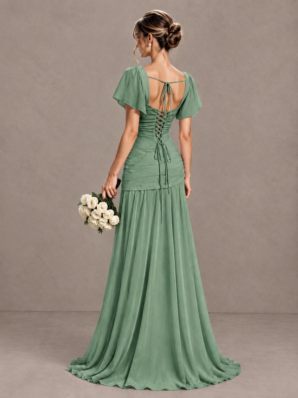 BOLODOO Eucalyptus Flutter Sleeve Lace-Up Back Maxi Dress - Eucalyptus - Eucalyptus (2)