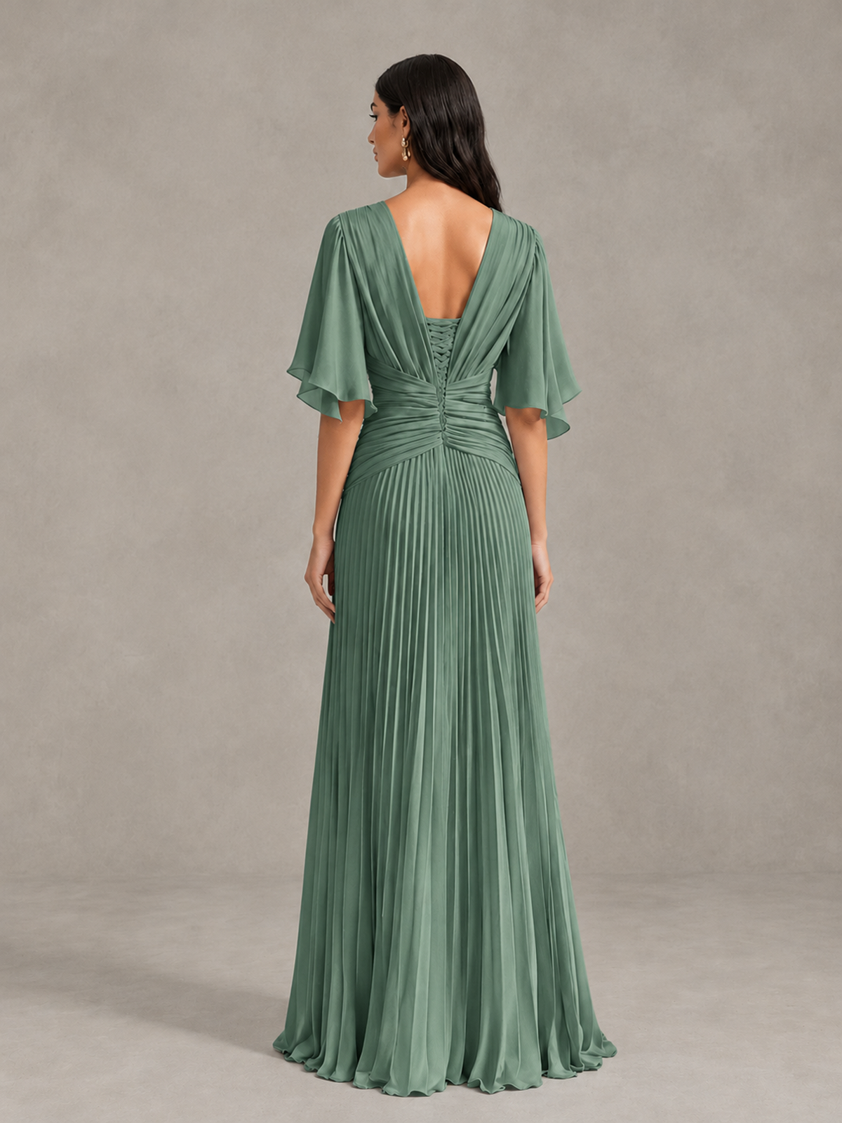 BOLODOO Eucalyptus Pleated V-Neck Flutter Sleeve Bridesmaid Dress - Eucalyptus - Eucalyptus (2)