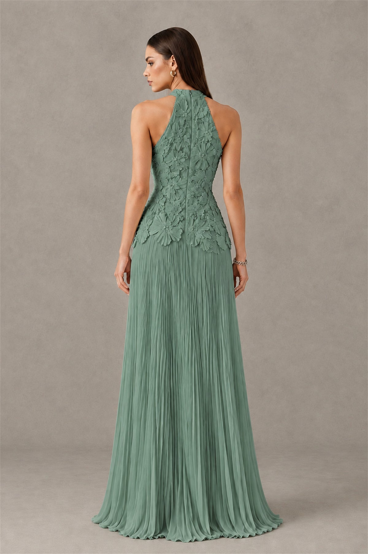 BOLODOO Eucalyptus 3D Floral Applique Halter Neck Open Back Pleated Maxi Dress - Eucalyptus