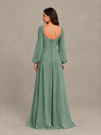 BOLODOO Eucalyptus Long Sleeve Chiffon Bridesmaid Dress with Slit - Eucalyptus - Eucalyptus (2)
