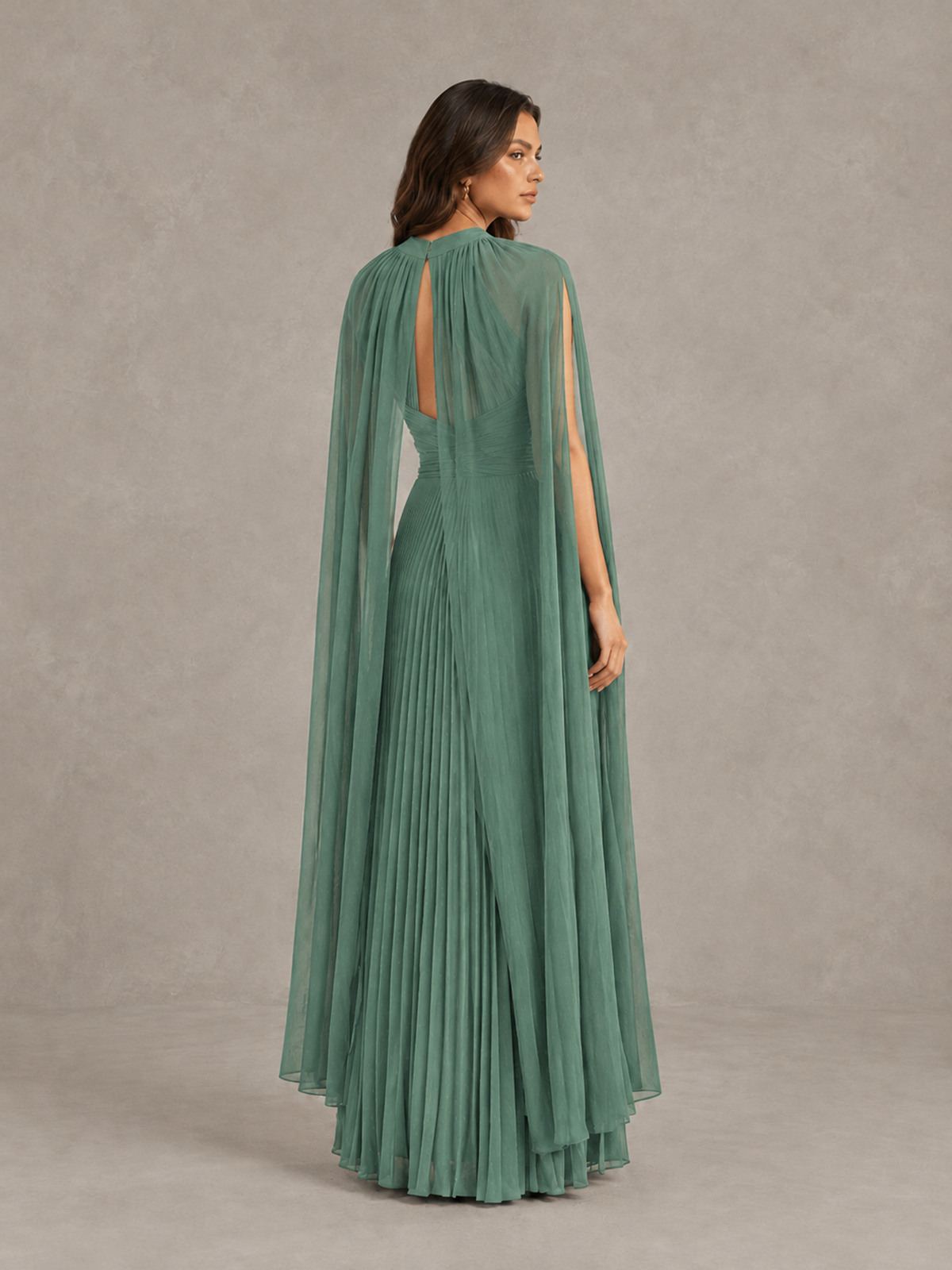 BOLODOO Eucalyptus Pleated Cape Maxi Wedding Guest Dress - Eucalyptus - Eucalyptus (2)