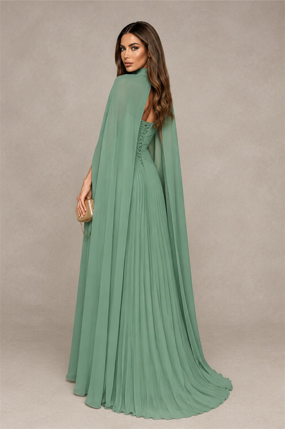 BOLODOO Eucalyptus Strapless Crossover Ruched Bodice Detached Turtleneck Cape Lace-Up Back Pleated Chiffon Maxi Dress - Eucalyptus