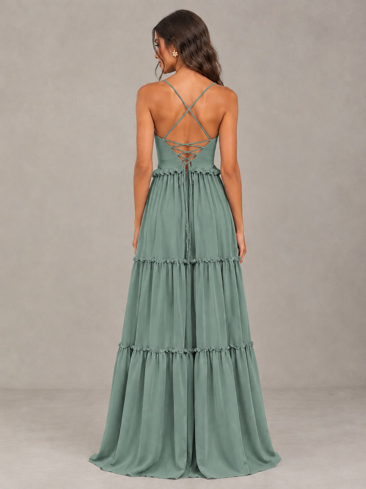 BOLODOO Eucalyptus Tiered V-Neck Lace-Up Back Bridesmaid Dress - Eucalyptus - Eucalyptus (2)