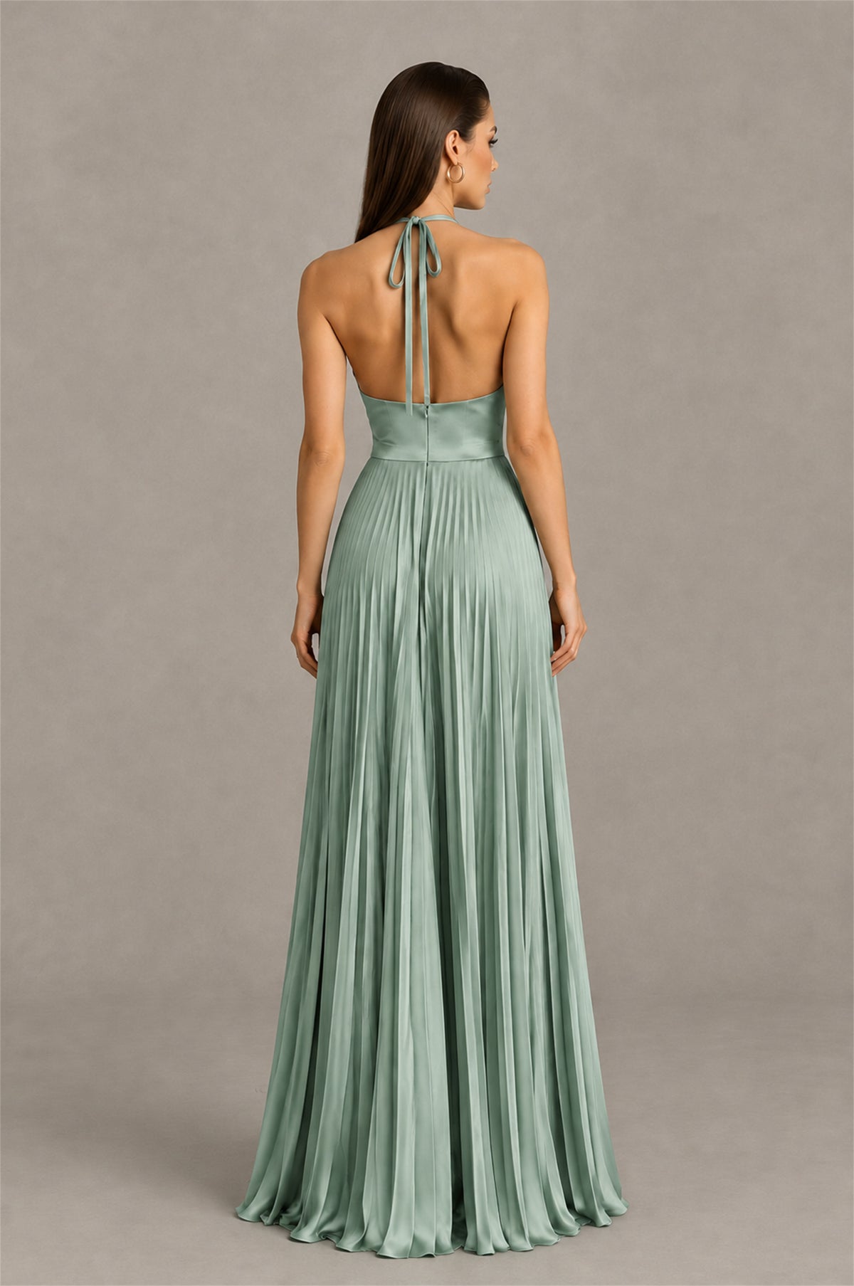 BOLODOO Eucalyptus Halter Pleated A-Line Evening Dress - Eucalyptus