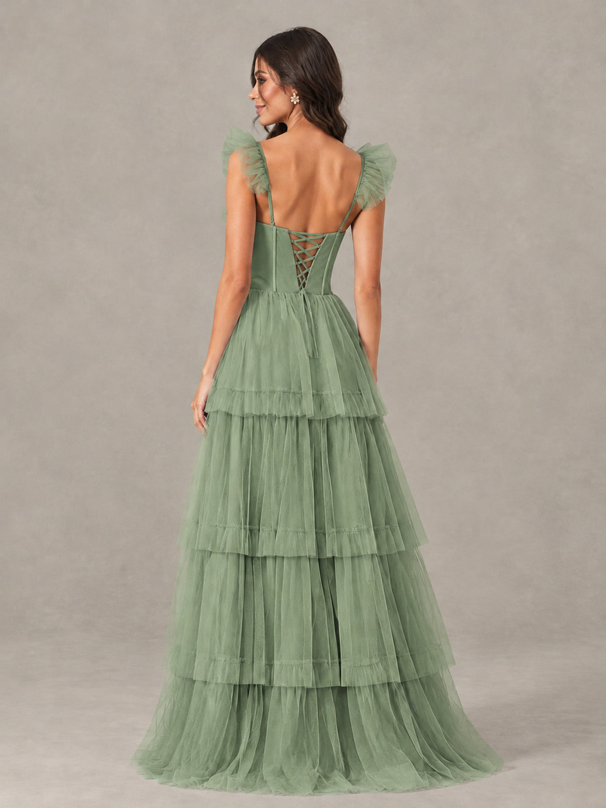 BOLODOO Eucalyptus Tiered Tulle Bridesmaid Dress with Slit - Eucalyptus - Eucalyptus (2)