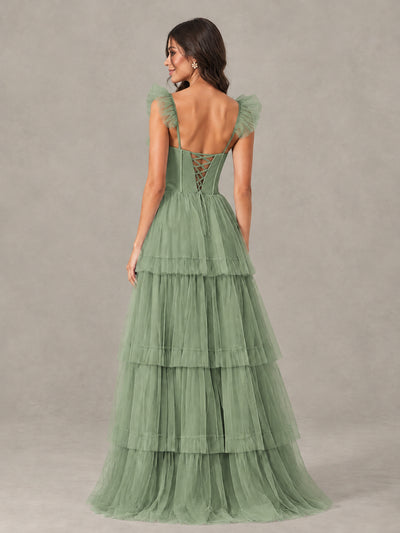 BOLODOO Eucalyptus Tiered Tulle Bridesmaid Dress with Slit - Eucalyptus - Eucalyptus (2)
