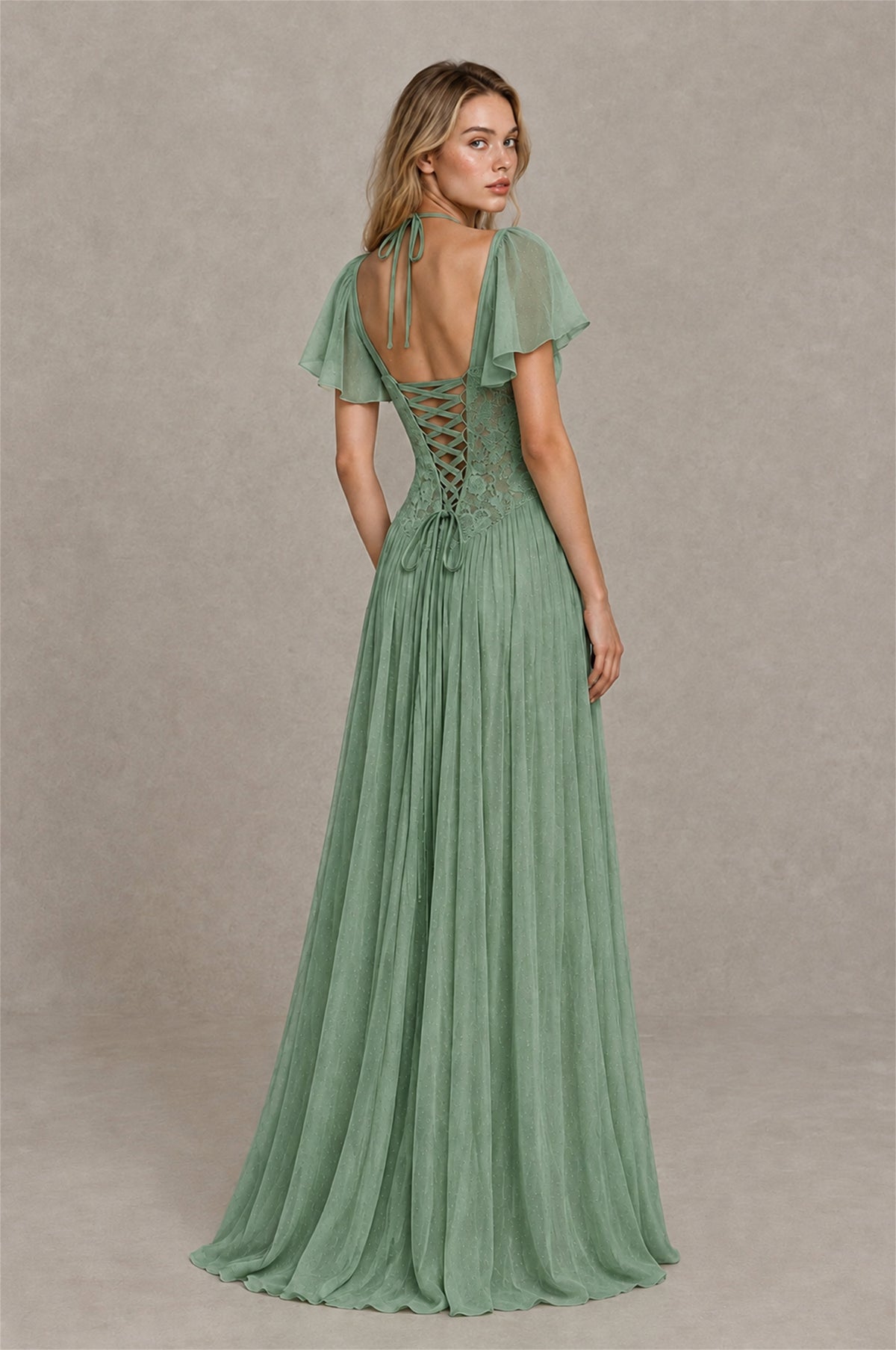 BOLODOO Eucalyptus Flutter Sleeve Lace Corset A-Line Maxi Dress - Eucalyptus - Eucalyptus (2)