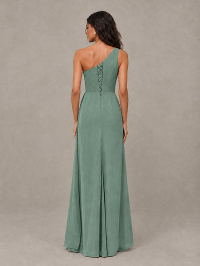 BOLODOO Eucalyptus One-Shoulder Chiffon Bridesmaid Dress with Ruched Bodice & High Slit - Eucalyptus - Eucalyptus (2)