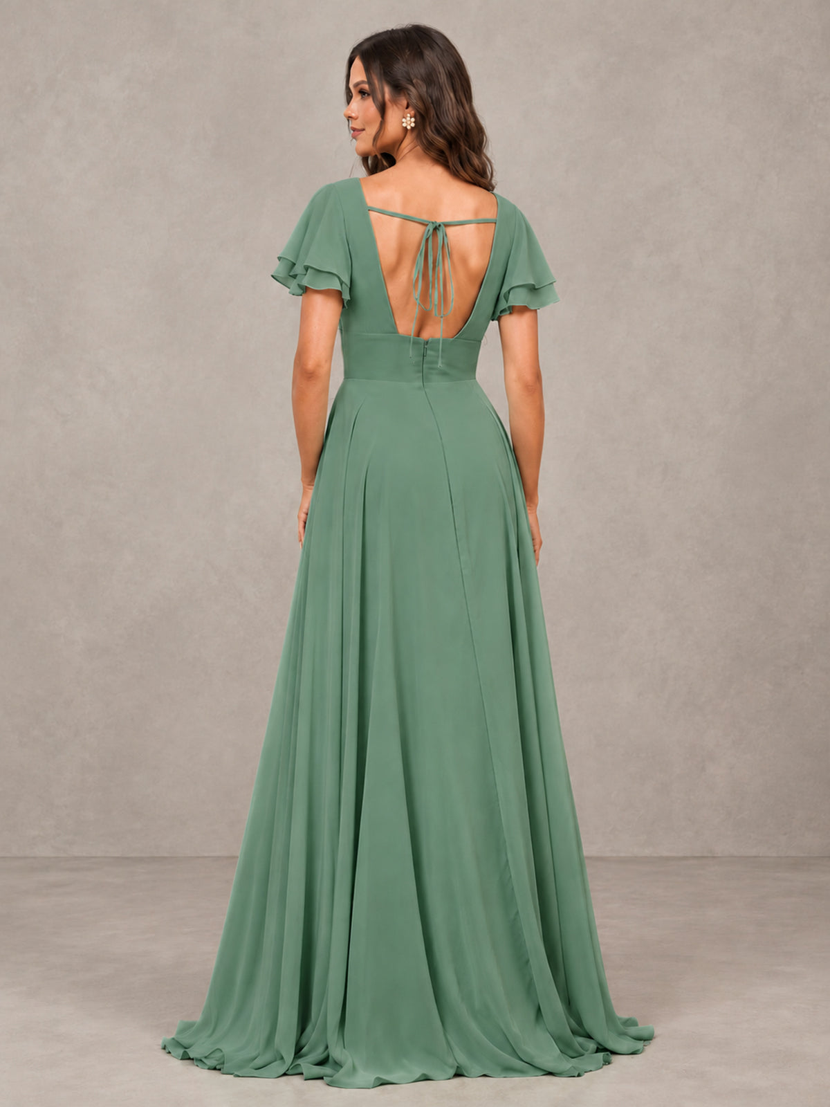 BOLODOO Eucalyptus Flutter Sleeve Chiffon A-Line Maxi Bridesmaid Dress with Open Back & Slit - Eucalyptus - Eucalyptus (2)
