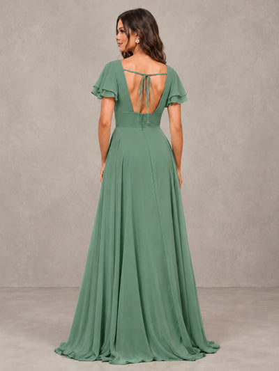 BOLODOO Eucalyptus Flutter Sleeve Chiffon A-Line Maxi Bridesmaid Dress with Open Back & Slit - Eucalyptus - Eucalyptus (2)