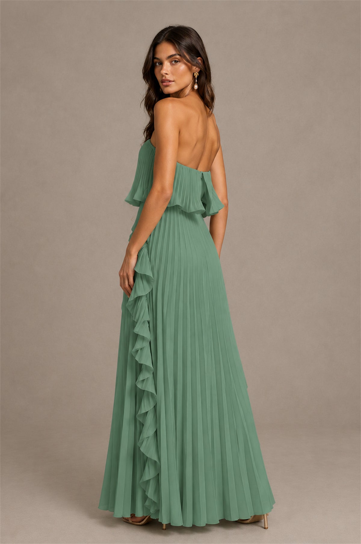 BOLODOO Eucalyptus Strapless Ruffle Bodice Dual Cascading Ruffle Accordion Pleated Chiffon Maxi Dress - Eucalyptus