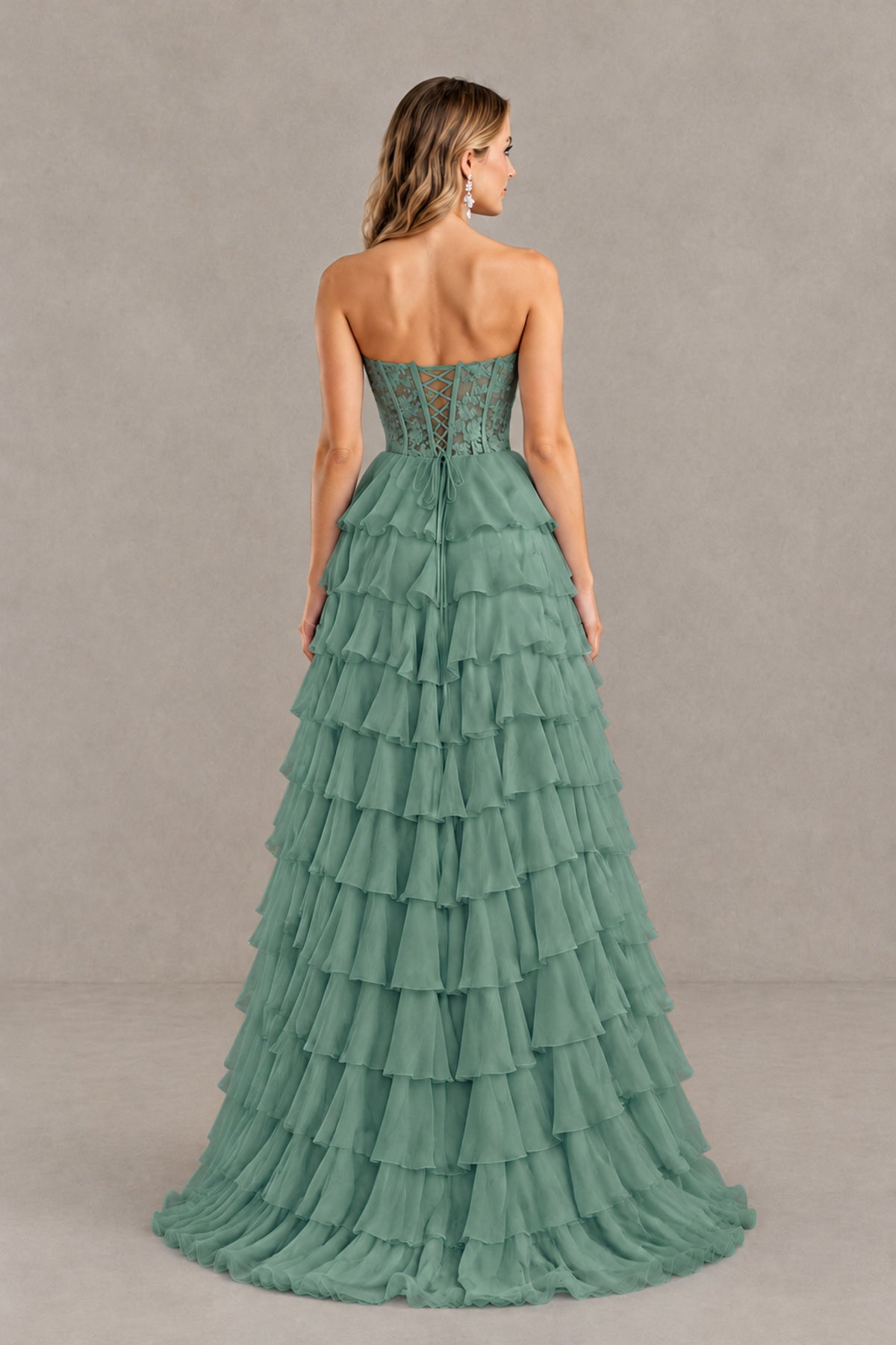 BOLODOO Eucalyptus Strapless Lace Corset Tiered Ruffle Prom Dress with Slit - Eucalyptus - Eucalyptus (2)