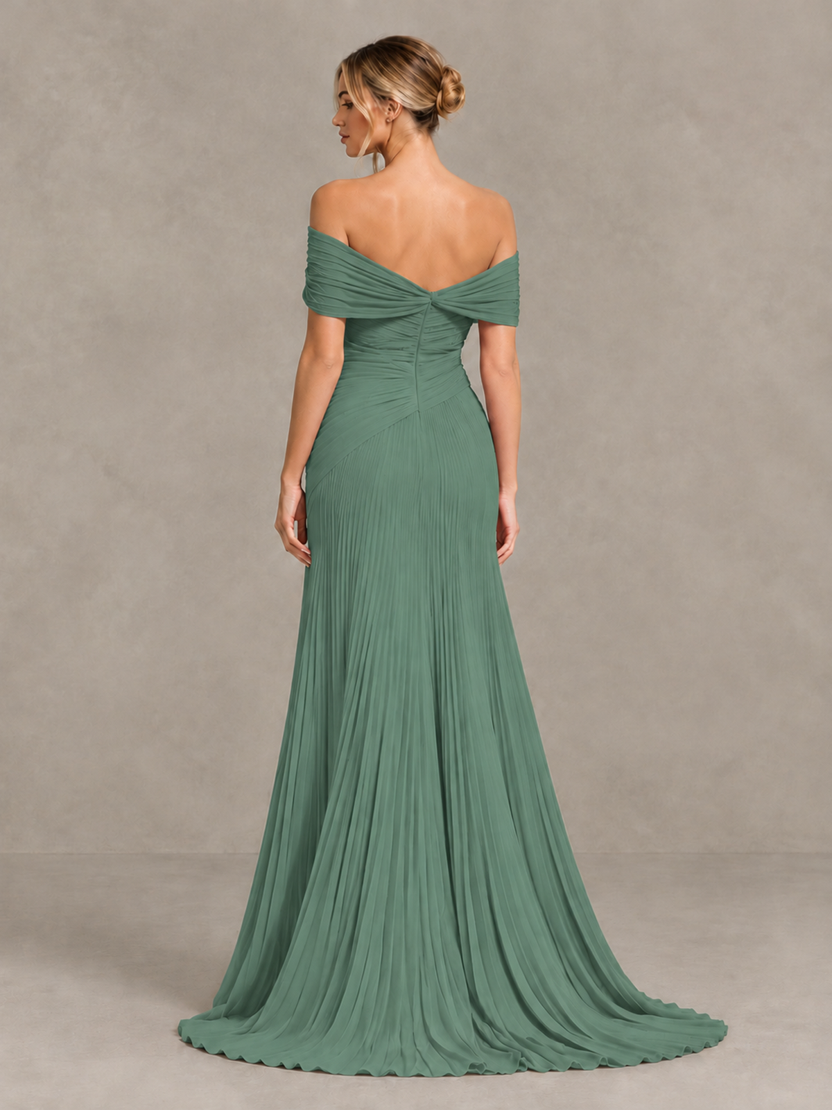 BOLODOO Eucalyptus Off-Shoulder Ruched Pleated Maxi Dress with High Slit - Eucalyptus - Eucalyptus (2)