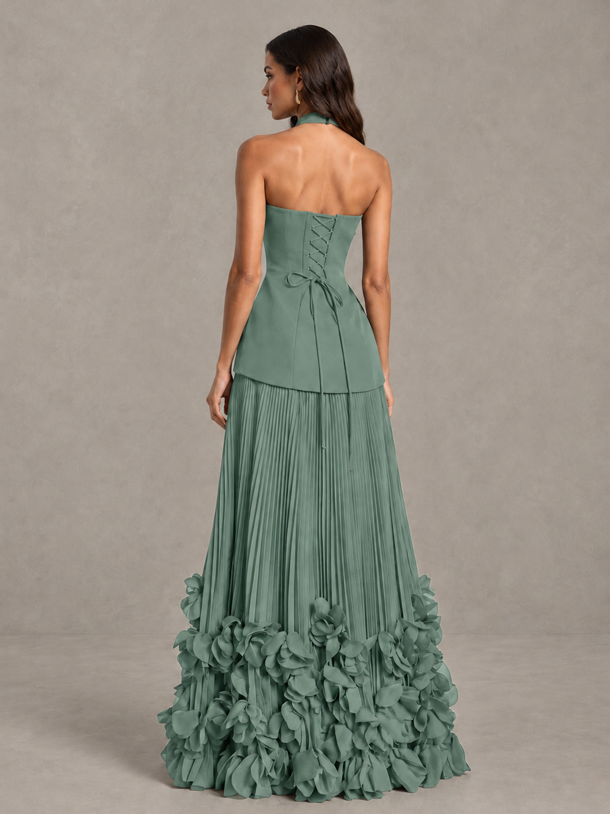BOLODOO Eucalyptus Halter Neck Floor-Length Evening Gown with High Slit & 3D Floral Hem - Eucalyptus - Eucalyptus (2)