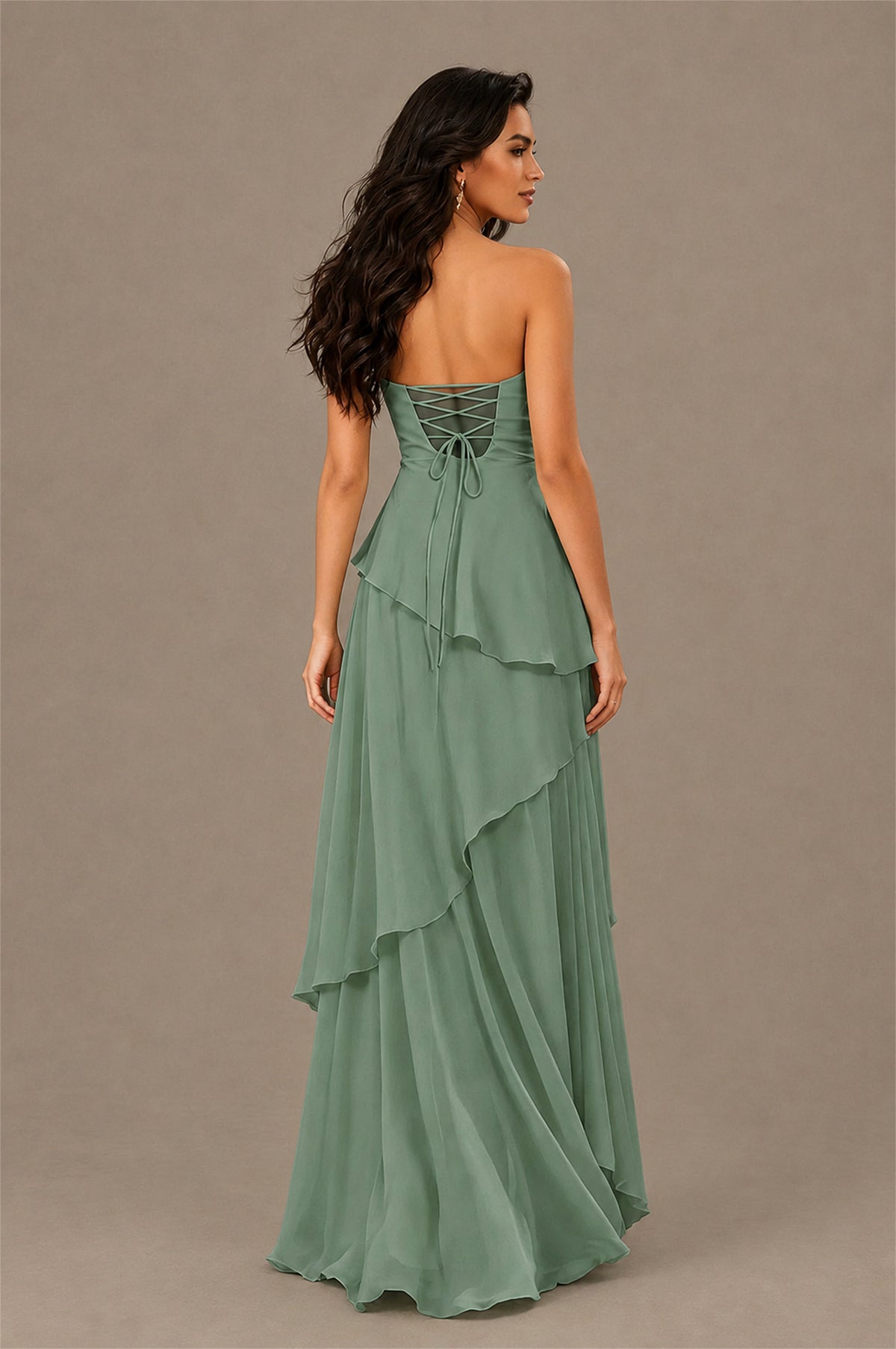 BOLODOO Eucalyptus Strapless Sweetheart Knotted Chiffon Tiered Maxi Dress with Lace-Up Back - Eucalyptus
