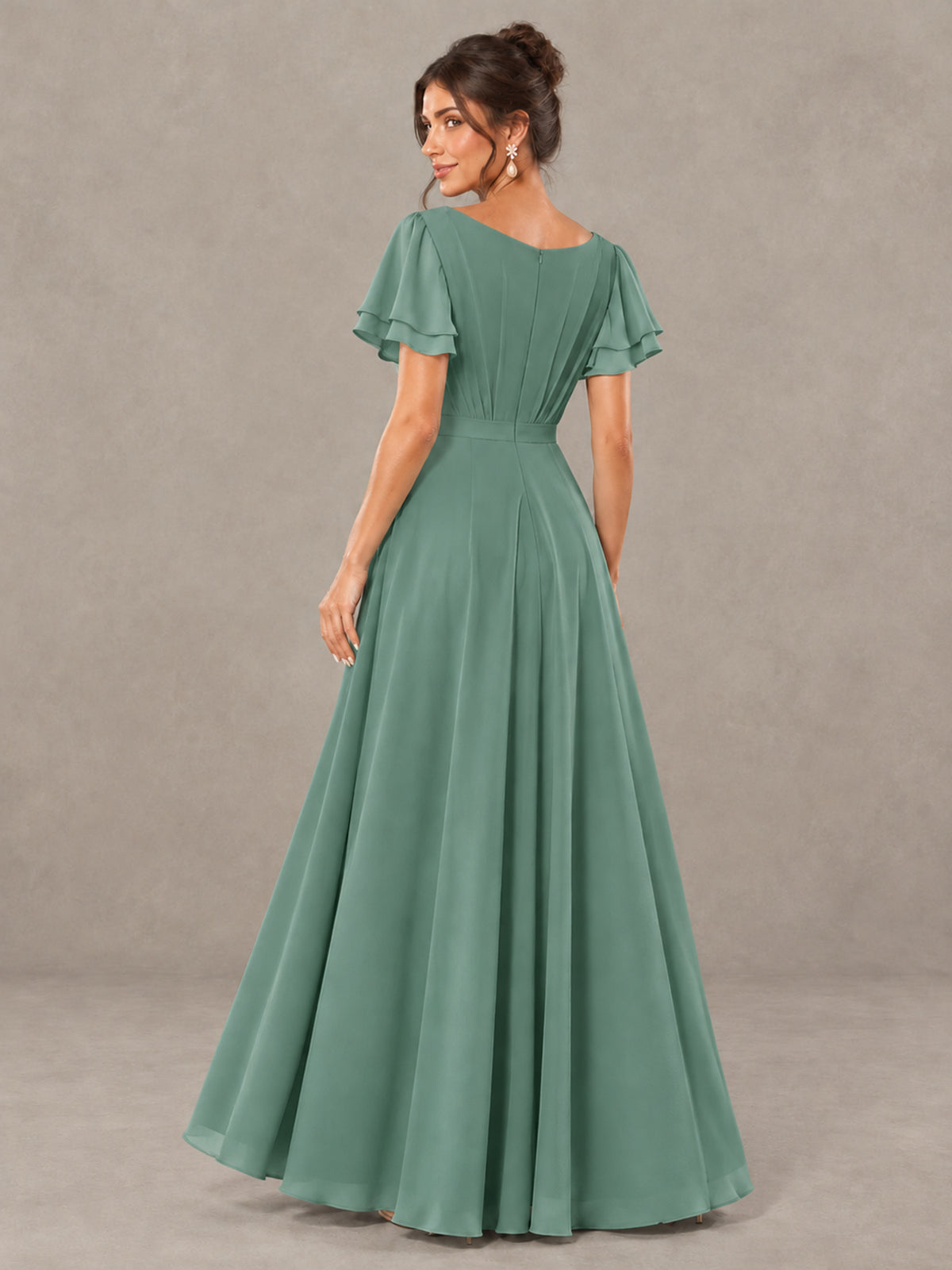BOLODOO Eucalyptus Flutter Sleeve Ruffle Bridesmaid Dress with Slit - Eucalyptus - Eucalyptus (2)