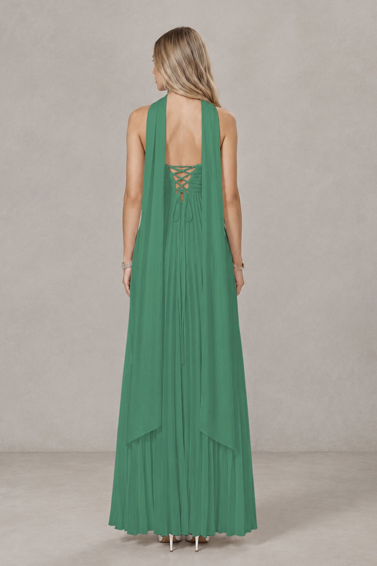 BOLODOO Eucalyptus Strapless Chiffon-Look Maxi Dress with Lace-Up Back & Cape - Eucalyptus