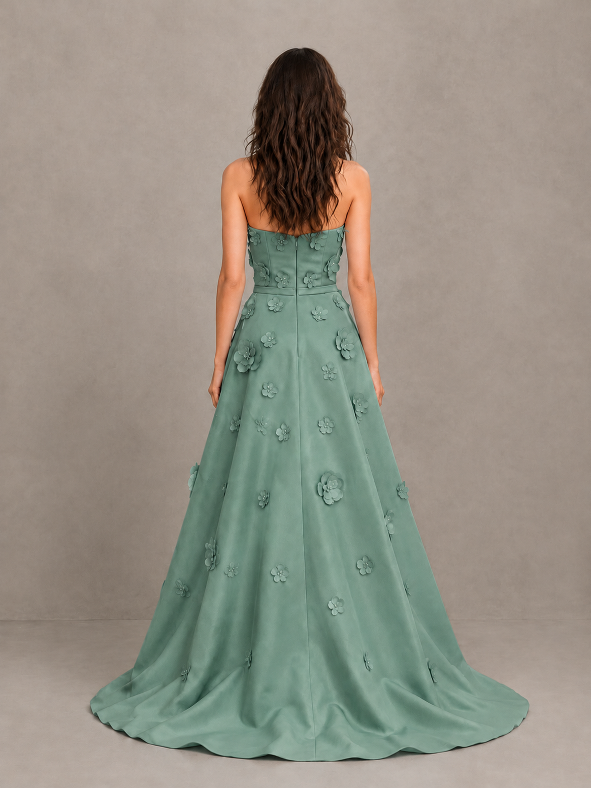 BOLODOO Eucalyptus Strapless 3D Floral Applique Prom Gown with Draped Skirt - Eucalyptus - Eucalyptus (2)