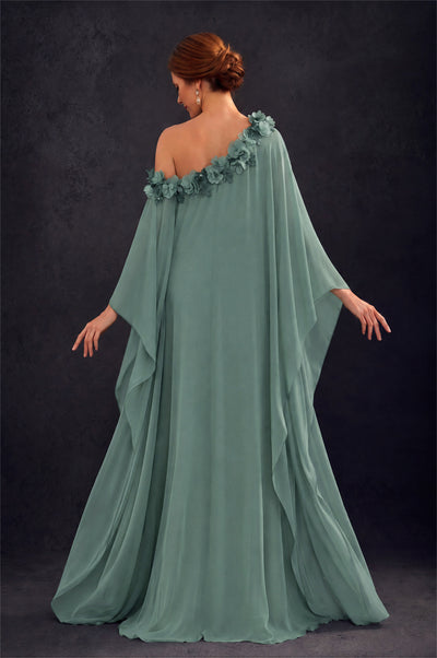 BOLODOO Eucalyptus 2-Piece Set: Off-Shoulder 3D Floral Cape Gown & One-Shoulder Wide-Leg Jumpsuit | BD0373 - Eucalyptus