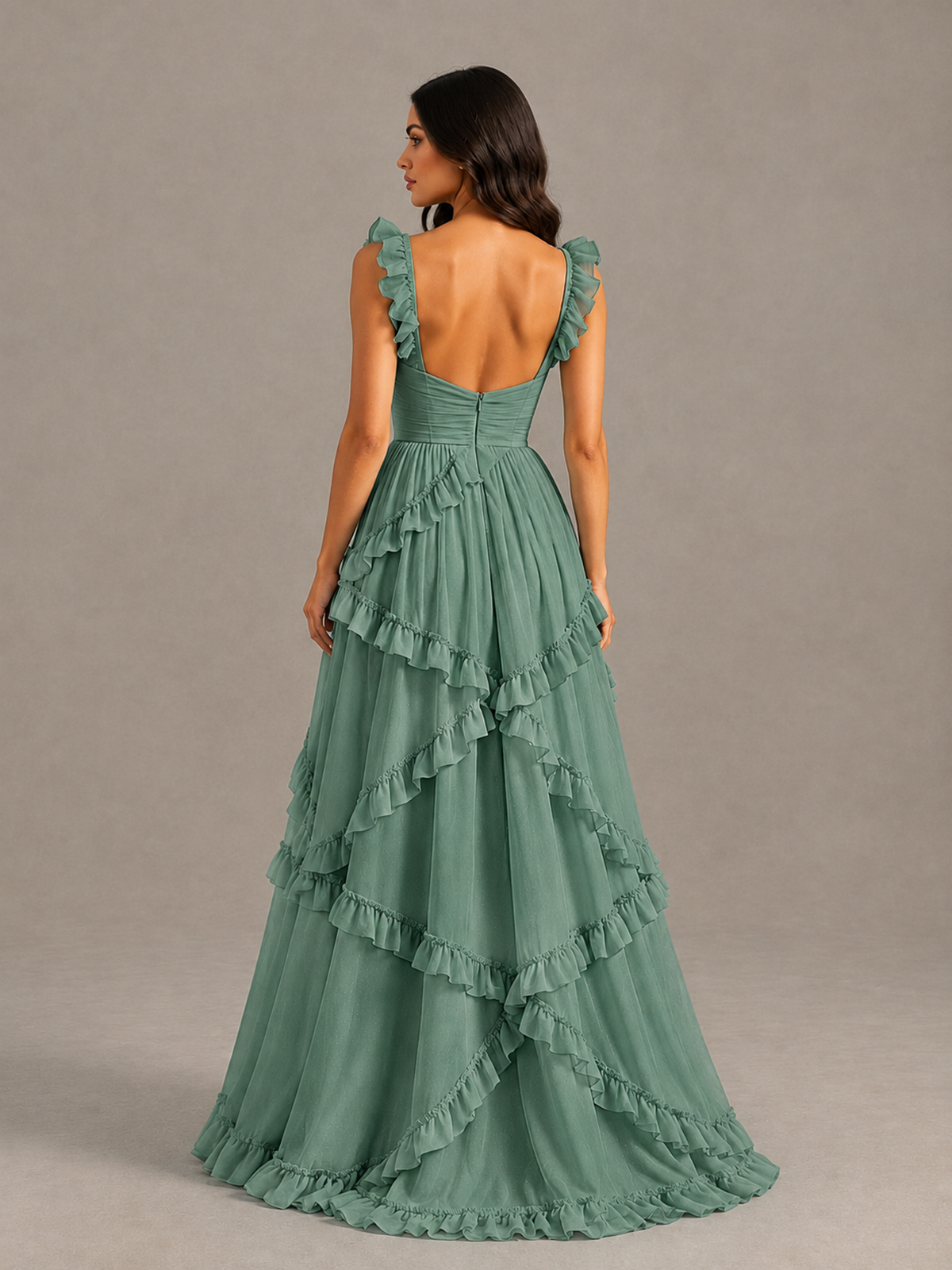 BOLODOO Eucalyptus Ruffle A-Line Prom Dress with Open Back - Eucalyptus - Eucalyptus (2)