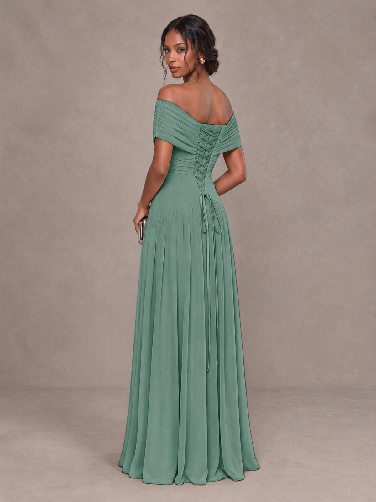 BOLODOO Eucalyptus Off-Shoulder Ruched A-Line Bridesmaid Dress - Eucalyptus - Eucalyptus (2)