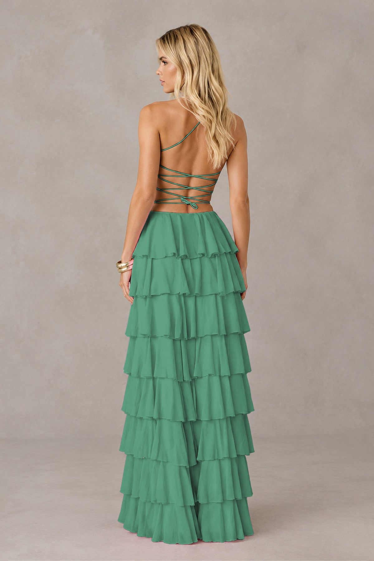 BOLODOO Eucalyptus Strapless Tiered Ruffle Maxi Dress with Slit & Lace-Up Back - Eucalyptus