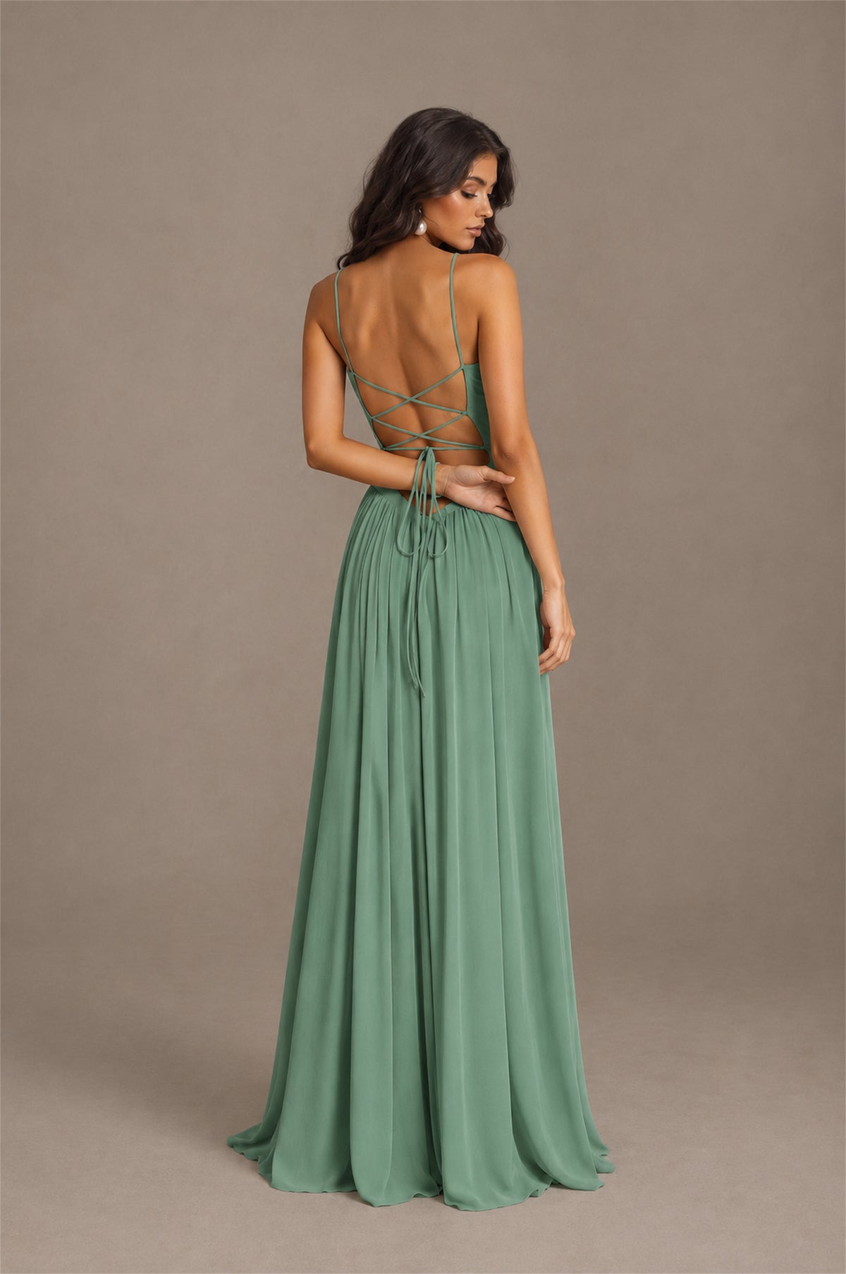 BOLODOO Eucalyptus Spaghetti Strap Square Neck Ruched Chiffon Maxi Dress with Lace-Up Back - Eucalyptus