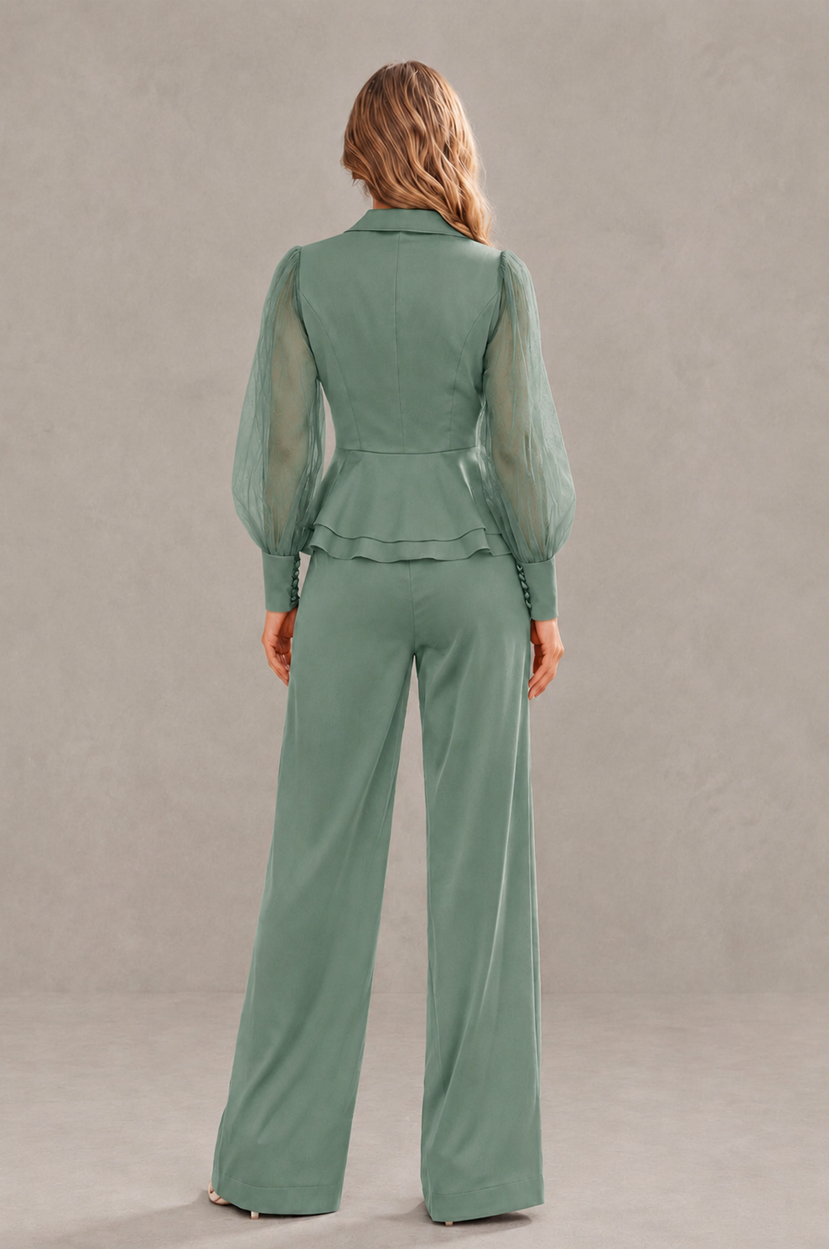 BOLODOO Mint Eucalyptus Peplum Blazer Wide-Leg Pantsuit with Sheer Puff Sleeves - Eucalyptus