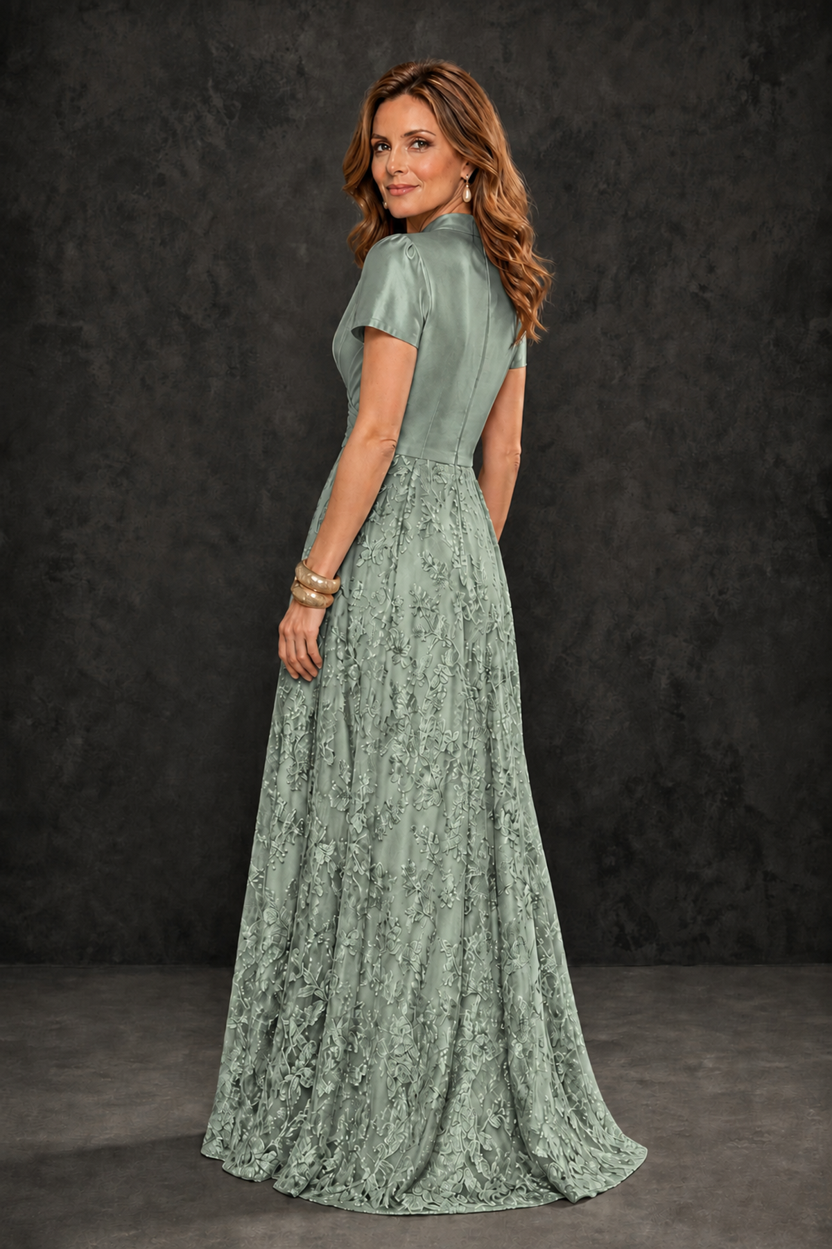 BOLODOO Eucalyptus Satin Wrap V-Neck Short Sleeve Lace Glitter A-Line Floor Length Evening Gown – Formal Dress - Eucalyptus - Eucalyptus (2)