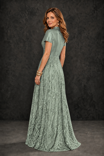 BOLODOO Eucalyptus Satin Wrap V-Neck Short Sleeve Lace Glitter A-Line Floor Length Evening Gown – Formal Dress - Eucalyptus - Eucalyptus (2)