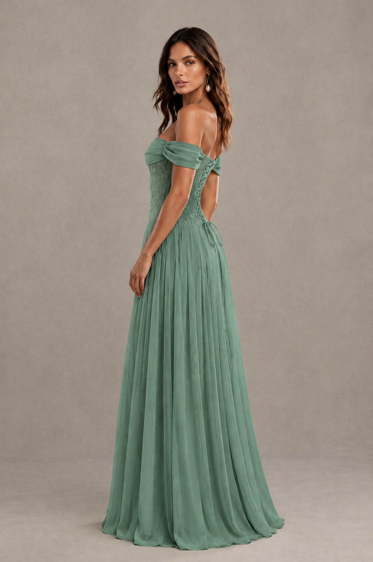 BOLODOO Eucalyptus Off-Shoulder Lace Corset Tulle Maxi Dress - Eucalyptus - Eucalyptus (2)