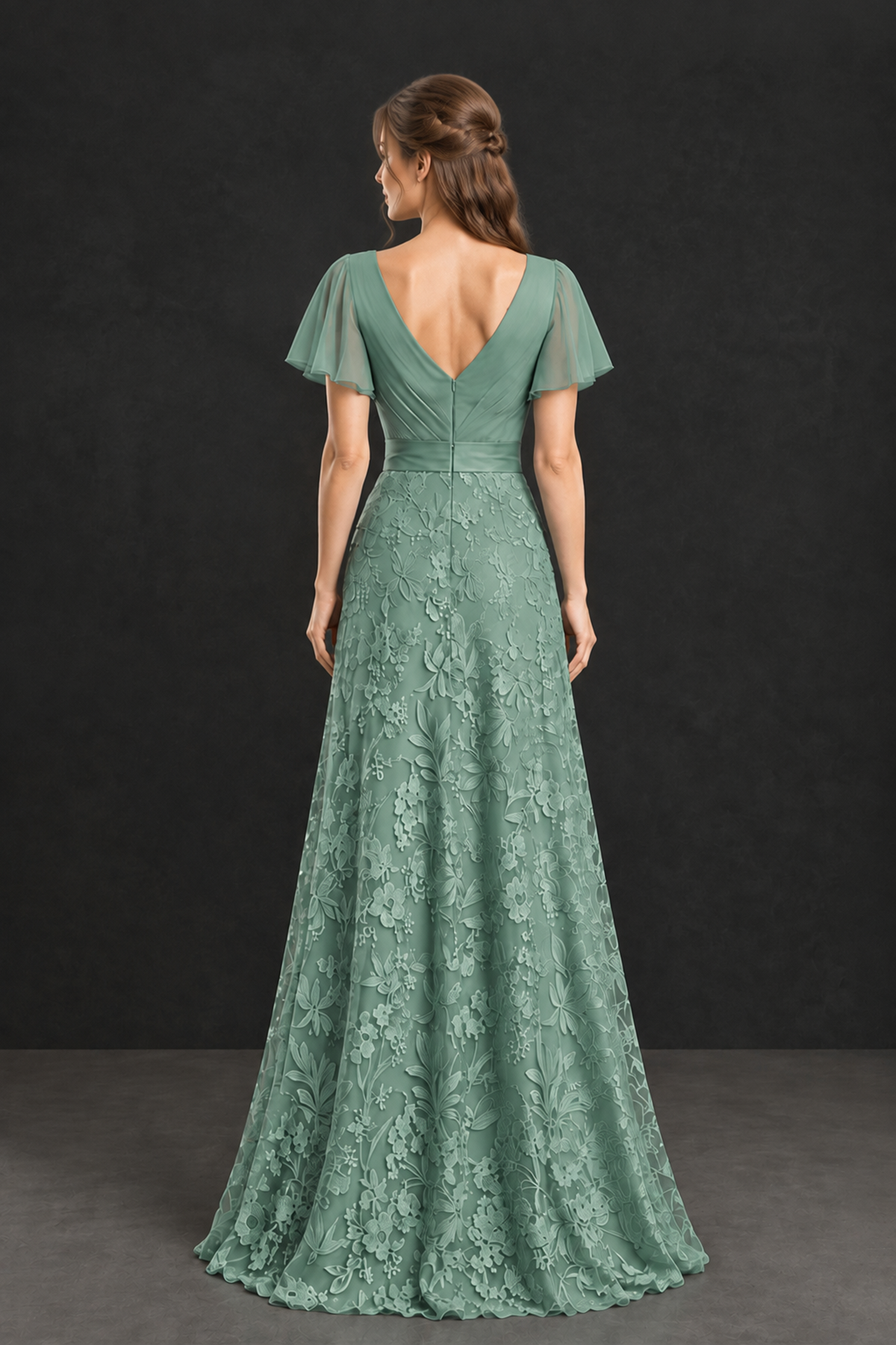 BOLODOO Eucalyptus Flutter Sleeve Lace Mother of the Bride Dress - Eucalyptus