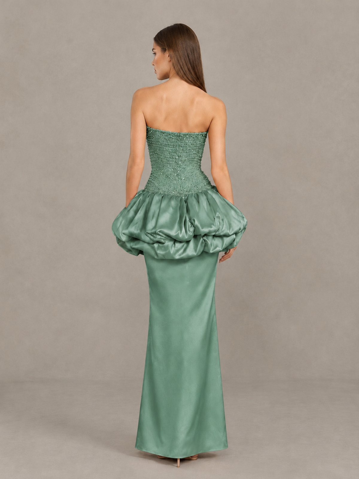 BOLODOO Eucalyptus Strapless Embellished Bubble Peplum Evening Dress - Eucalyptus - Eucalyptus (2)