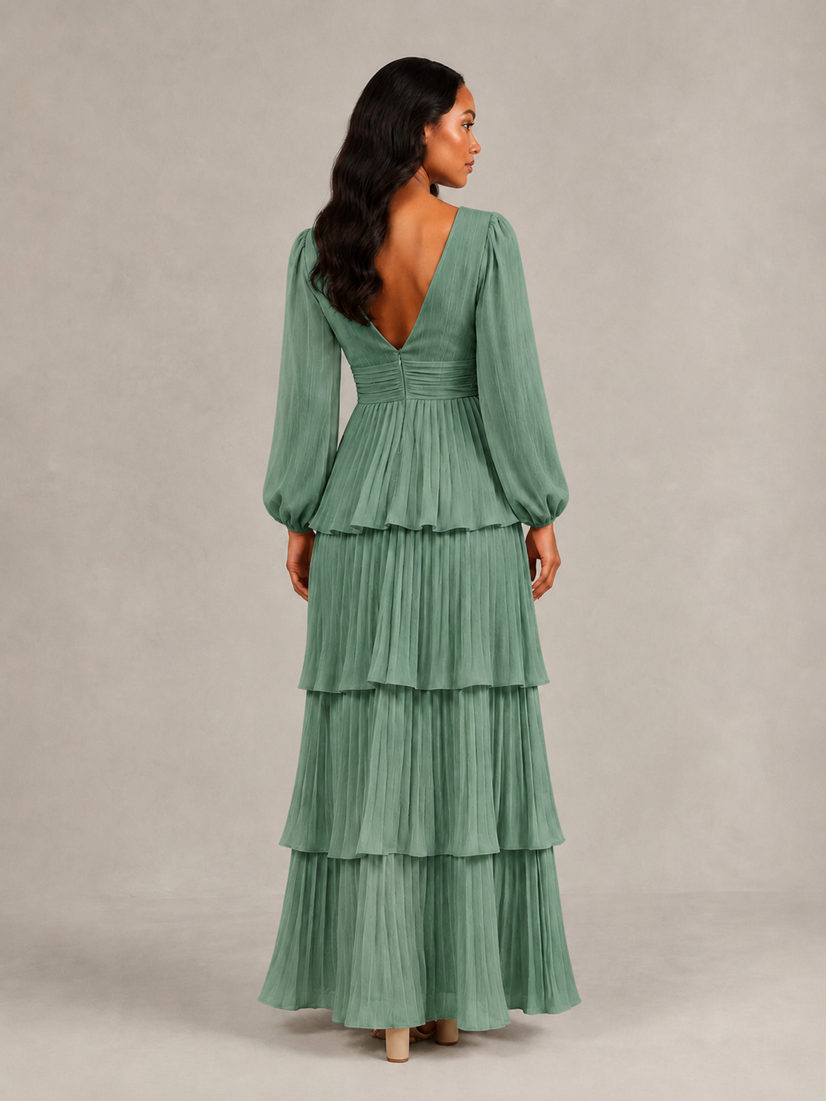 BOLODOO Eucalyptus Long-Sleeve Tiered Maxi Dress with Deep V-Neck - Eucalyptus