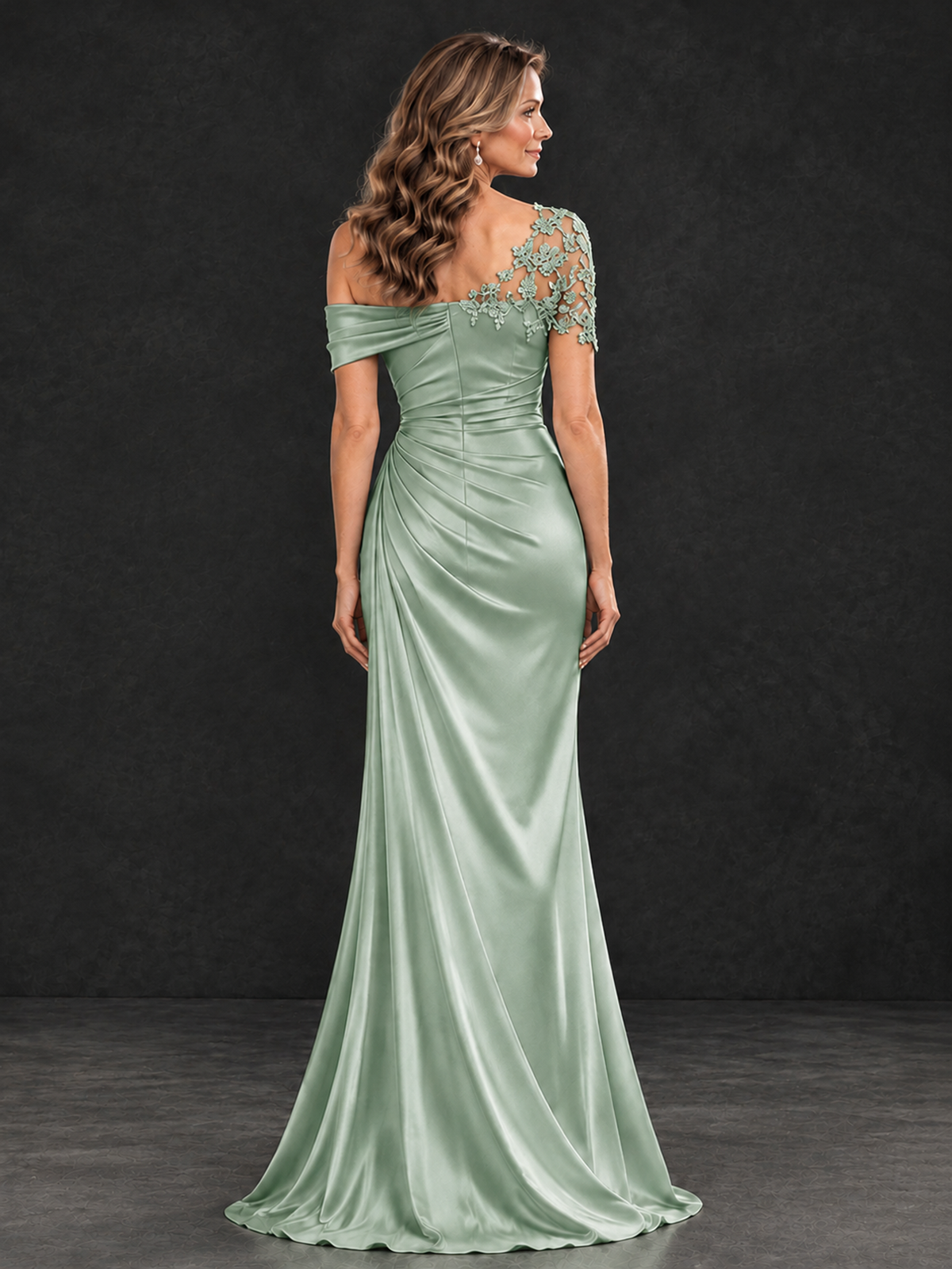 BOLODOO Eucalyptus Asymmetric Satin Mother of the Bride Dress with Lace Sleeve - Eucalyptus - Eucalyptus (2)