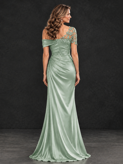 BOLODOO Eucalyptus Asymmetric Satin Mother of the Bride Dress with Lace Sleeve - Eucalyptus - Eucalyptus (2)